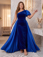One Shoulder Velvet Evening Dresses with Train Mermaid/Sheath Short Sleeves Floor Length Formal Party Dresses