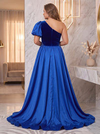 One Shoulder Velvet Evening Dresses with Train Mermaid/Sheath Short Sleeves Floor Length Formal Party Dresses