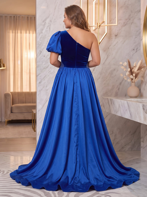 One Shoulder Velvet Evening Dresses with Train Mermaid/Sheath Short Sleeves Floor Length Formal Party Dresses