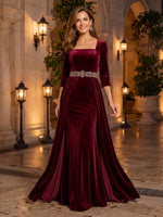 3/4 Sleeves Velvet Evening Dresses with Train Mermaid/Sheath Square Neck Floor Length Formal Party Dresses