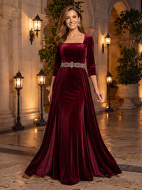 3/4 Sleeves Velvet Evening Dresses with Train Mermaid/Sheath Square Neck Floor Length Formal Party Dresses