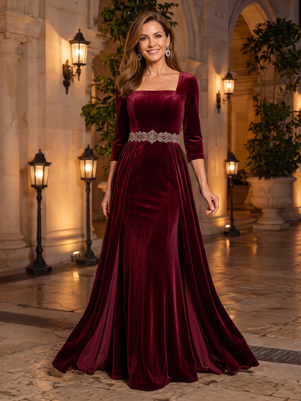 3/4 Sleeves Velvet Evening Dresses with Train Mermaid/Sheath Square Neck Floor Length Formal Party Dresses