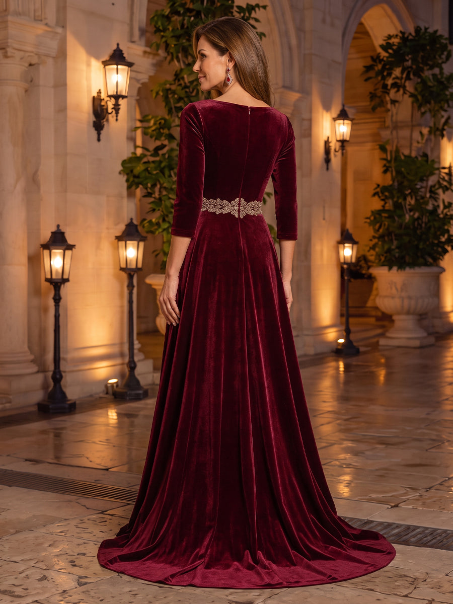 3/4 Sleeves Velvet Evening Dresses with Train Mermaid/Sheath Square Neck Floor Length Formal Party Dresses