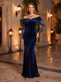 Off the Shoulder Velvet Evening Dresses with Lace Long Sleeves Mermaid/Sheath Floor Length Formal Gala Party Dresses