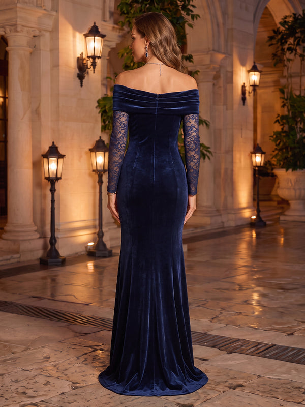 Off the Shoulder Velvet Evening Dresses with Lace Long Sleeves Mermaid/Sheath Floor Length Formal Gala Party Dresses