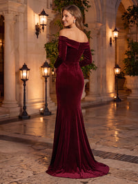 Off the Shoulder Velvet Mermaid/Sheath Evening Dresses Long Sleeves Floor Length Formal Cocktail Party Dresses