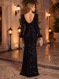 Long Sleeves Sequin Mermaid/Sheath Evening Dresses V Neck Floor Length Formal Gala Party Dresses with Feather