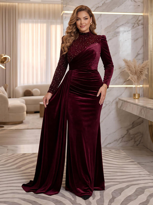 Long Sleeves Velvet Evening Dresses with Side Train Mermaid/Sheath Modest Neck Floor Length Formal Party Dresses