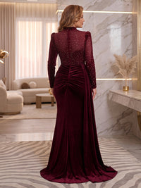 Long Sleeves Velvet Evening Dresses with Side Train Mermaid/Sheath Modest Neck Floor Length Formal Party Dresses