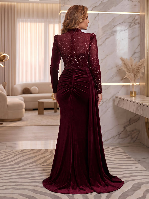 Long Sleeves Velvet Evening Dresses with Side Train Mermaid/Sheath Modest Neck Floor Length Formal Party Dresses