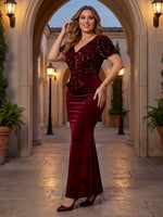 Short Sleeves Sequin Velvet Evening Dresses Mermaid/Sheath V Neck Floor Length Formal Gala Party Dresses