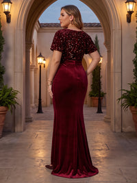 Short Sleeves Sequin Velvet Evening Dresses Mermaid/Sheath V Neck Floor Length Formal Gala Party Dresses