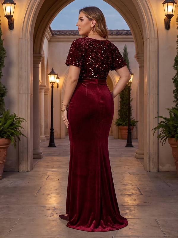 Short Sleeves Sequin Velvet Evening Dresses Mermaid/Sheath V Neck Floor Length Formal Gala Party Dresses