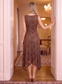 Sequin Cowl Neck Evening Dresses Mermaid/Sheath Sleeveless Tea Length Formal Dresses