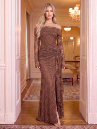 Sequin Off the Shoulder Evening Dresses Mermaid/Sheath Long Sleeves Floor Length Formal Dresses with Slit