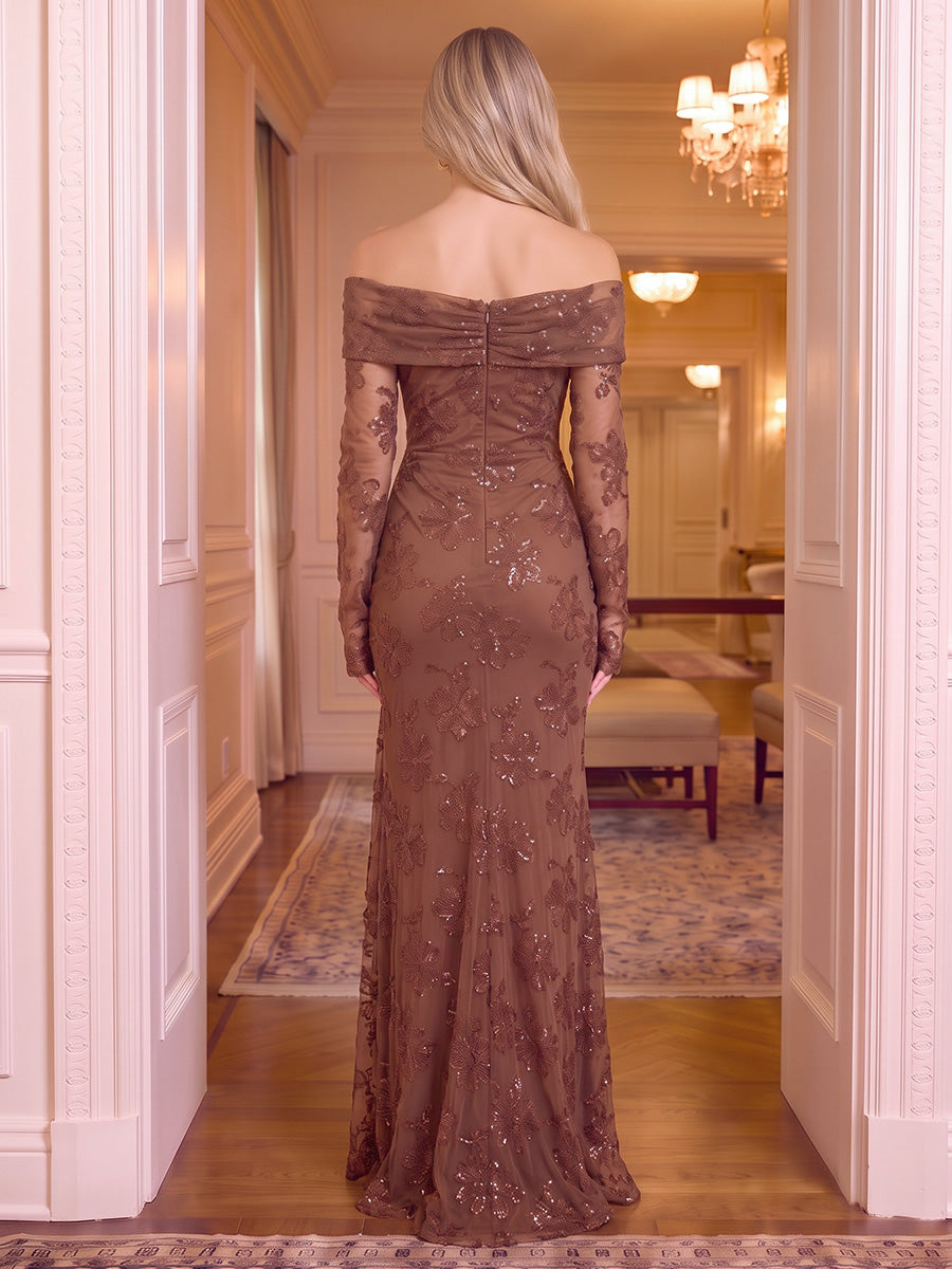 Sequin Off the Shoulder Evening Dresses Mermaid/Sheath Long Sleeves Floor Length Formal Dresses with Slit