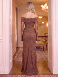 Sequin Off the Shoulder Evening Dresses Mermaid/Sheath Long Sleeves Floor Length Formal Dresses with Slit