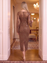 Sequin Round Neck Evening Dresses Mermaid/Sheath Long Sleeves Tea Length Formal Dresses
