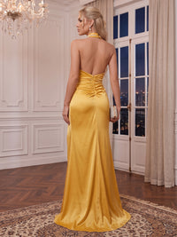 Satin Halter Evening Dresses Mermaid/Sheath Sleeveless Floor Length Formal Dresses with Slit