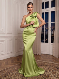 Satin One Shoulder Evening Dresses Mermaid/Sheath Sleeveless Floor Length Formal Dresses with Slit