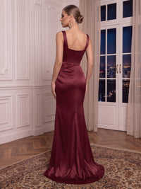 Satin Spaghetti Straps Evening Dresses Mermaid/Sheath Square Neck Sleeveless Floor Length Formal Dresses with Slit
