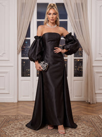 Off the Shoulder Mermaid/Sheath Satin Evening Dresses Puffy Long Sleeves Floor Length Formal Gala Dresses