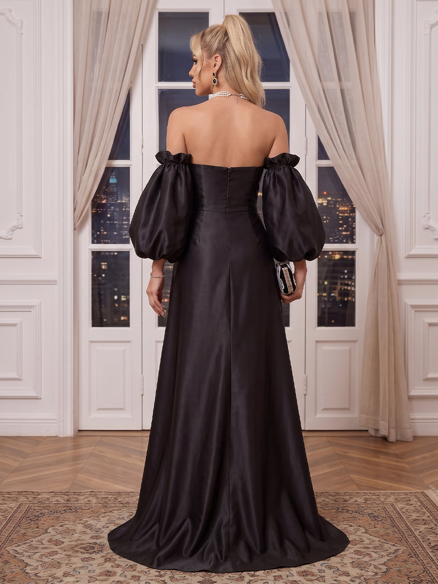 Off the Shoulder Mermaid/Sheath Satin Evening Dresses Puffy Long Sleeves Floor Length Formal Gala Dresses