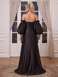 Off the Shoulder Mermaid/Sheath Satin Evening Dresses Puffy Long Sleeves Floor Length Formal Gala Dresses