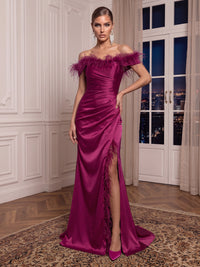 Off the Shoulder Mermaid/Sheath Satin Evening Dresses Sleeveless Floor Length Formal Gala Dresses with Feather