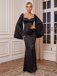 Sweetheart Long Sleeves Evening Dresses Mermaid/Sheath Satin Floor Length Formal Black Tie Dresses