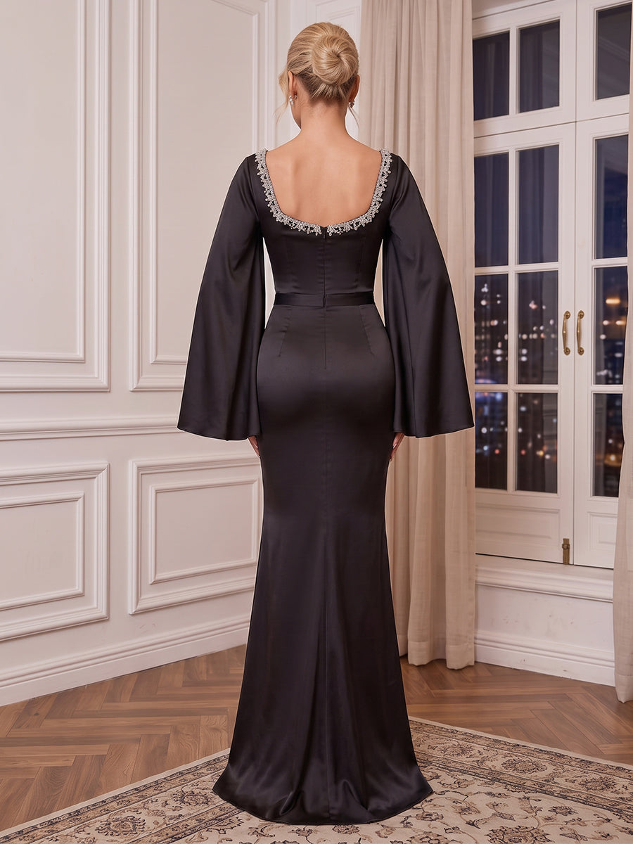 Sweetheart Long Sleeves Evening Dresses Mermaid/Sheath Satin Floor Length Formal Black Tie Dresses