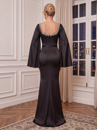 Sweetheart Long Sleeves Evening Dresses Mermaid/Sheath Satin Floor Length Formal Black Tie Dresses
