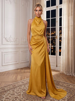Satin Halter Evening Dresses Mermaid/Sheath Sleeveless Floor Length Formal Dresses with Wrap