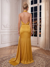 Satin Halter Evening Dresses Mermaid/Sheath Sleeveless Floor Length Formal Dresses with Wrap