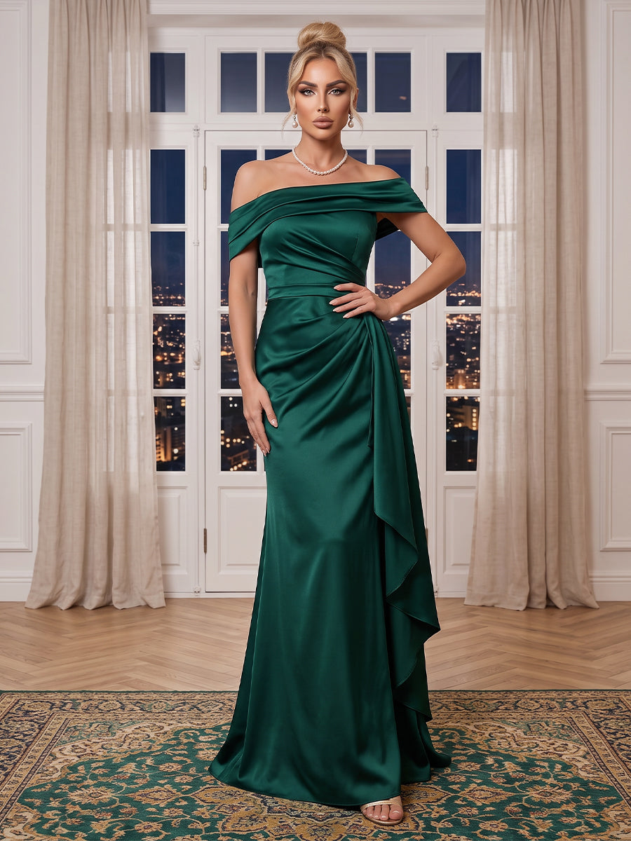 Off the Shoulder Mermaid/Sheath Satin Evening Dresses Sleeveless Floor Length Formal Gala Dresses with Ruffle