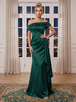 Off the Shoulder Mermaid/Sheath Satin Evening Dresses Sleeveless Floor Length Formal Gala Dresses with Ruffle