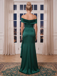 Off the Shoulder Mermaid/Sheath Satin Evening Dresses Sleeveless Floor Length Formal Gala Dresses with Ruffle