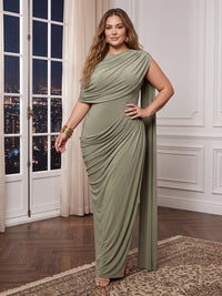 Plus Size Mermaid/Sheath Satin Evening Dresses Sleeveless Floor Length Formal Gala Dresses with Cape