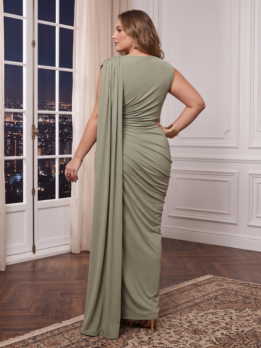 Plus Size Mermaid/Sheath Satin Evening Dresses Sleeveless Floor Length Formal Gala Dresses with Cape