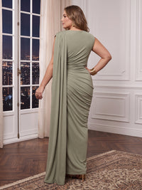 Plus Size Mermaid/Sheath Satin Evening Dresses Sleeveless Floor Length Formal Gala Dresses with Cape