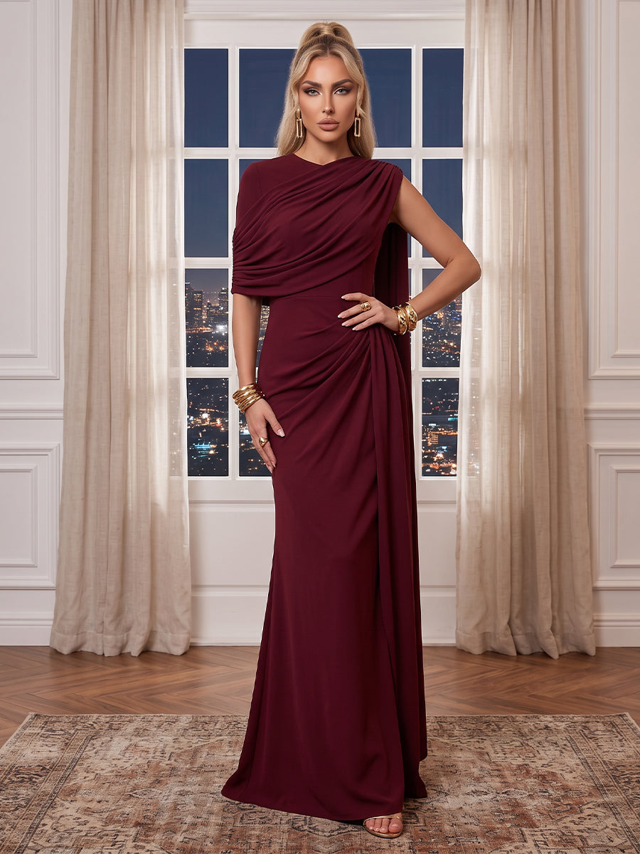 Satin Round Neck Evening Dresses Mermaid/Sheath Floor Length Formal Dresses with Wrap