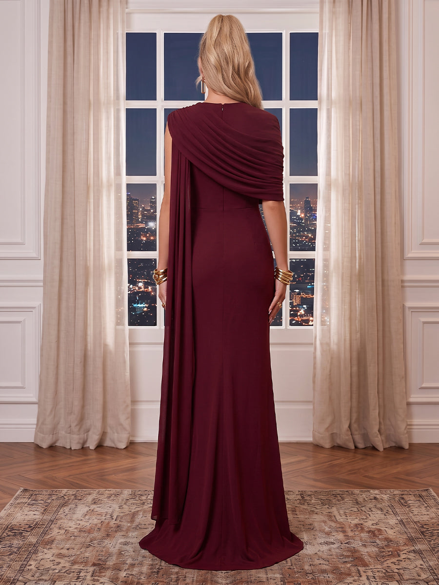 Satin Round Neck Evening Dresses Mermaid/Sheath Floor Length Formal Dresses with Wrap