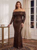 Plus Size Long Sleeves Mermaid/Sheath Sequin Evening Dresses Off the Shoulder Floor Length Formal Gala Dresses