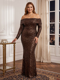 Plus Size Long Sleeves Mermaid/Sheath Sequin Evening Dresses Off the Shoulder Floor Length Formal Gala Dresses