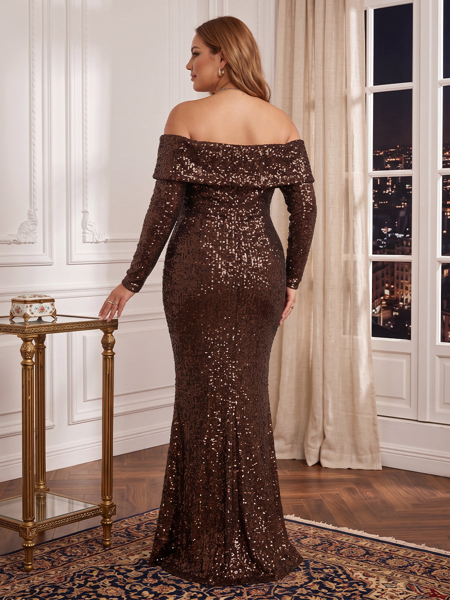 Plus Size Long Sleeves Mermaid/Sheath Sequin Evening Dresses Off the Shoulder Floor Length Formal Gala Dresses