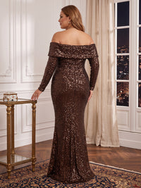Plus Size Long Sleeves Mermaid/Sheath Sequin Evening Dresses Off the Shoulder Floor Length Formal Gala Dresses