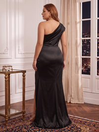 Plus Size One Shoulder Mermaid/Sheath Satin Evening Dresses Sleeveless Floor Length Formal Black Tie Dresses