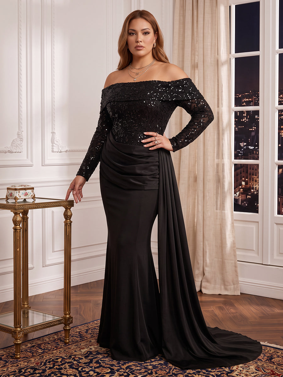 Plus Size Long Sleeves Mermaid/Sheath Sequin Evening Dresses Off the Shoulder Floor Length Formal Party Dresses with Wrap