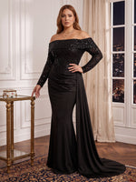 Plus Size Long Sleeves Mermaid/Sheath Sequin Evening Dresses Off the Shoulder Floor Length Formal Party Dresses with Wrap
