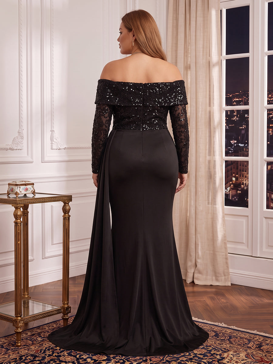 Plus Size Long Sleeves Mermaid/Sheath Sequin Evening Dresses Off the Shoulder Floor Length Formal Party Dresses with Wrap